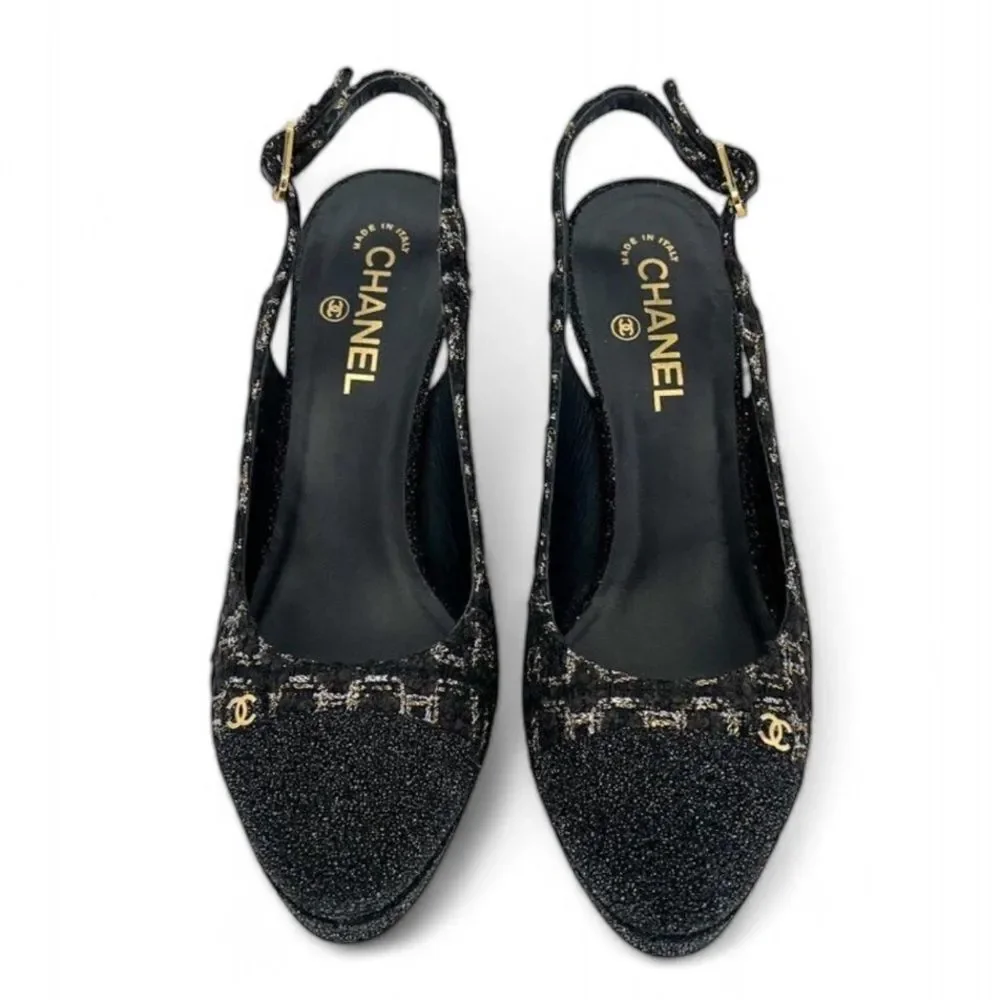 Authentic CHANEL Black CC Logo Cap Toe Block Heel Slingback Sandals Size…